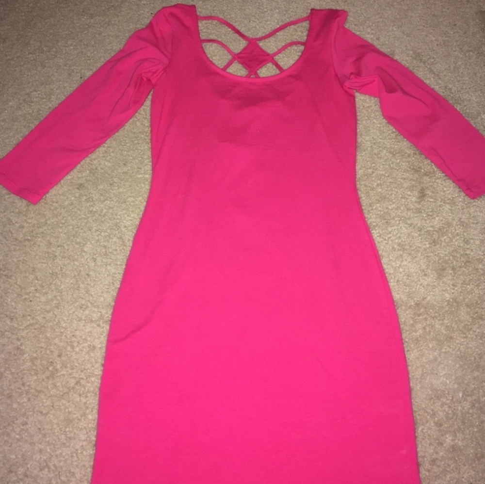 Charlotte Russe Hot Pink Long Sleeve Midi Bodycon W/Criss-cross Back Cutout (M)